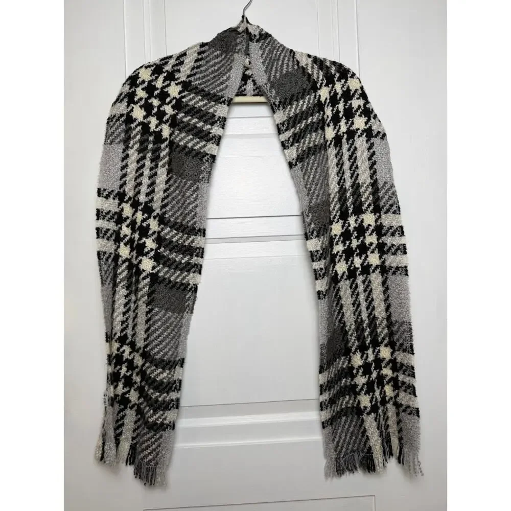 Preston & York Plaid Heritage Scarf Fringe Houndstooth Black Cream Wrap